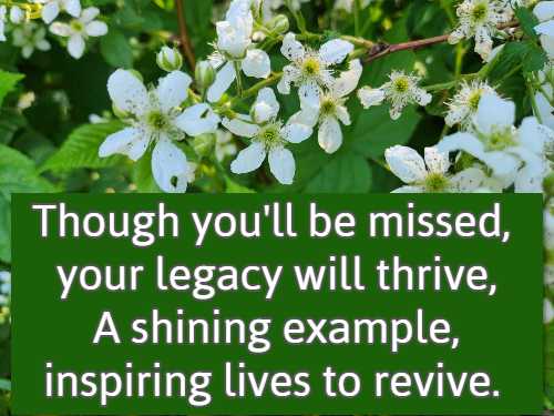 Though you'll be missed, your legacy will thrive, A shining example, inspiring lives to revive.